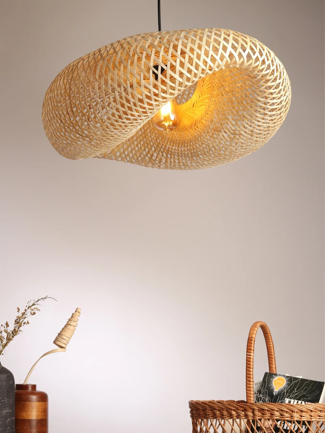 S-curved unique Bamboo lampshade/Woven Hanging Pendant Light, Natural/Bamboo Pendant Light for Home restaurants and offices