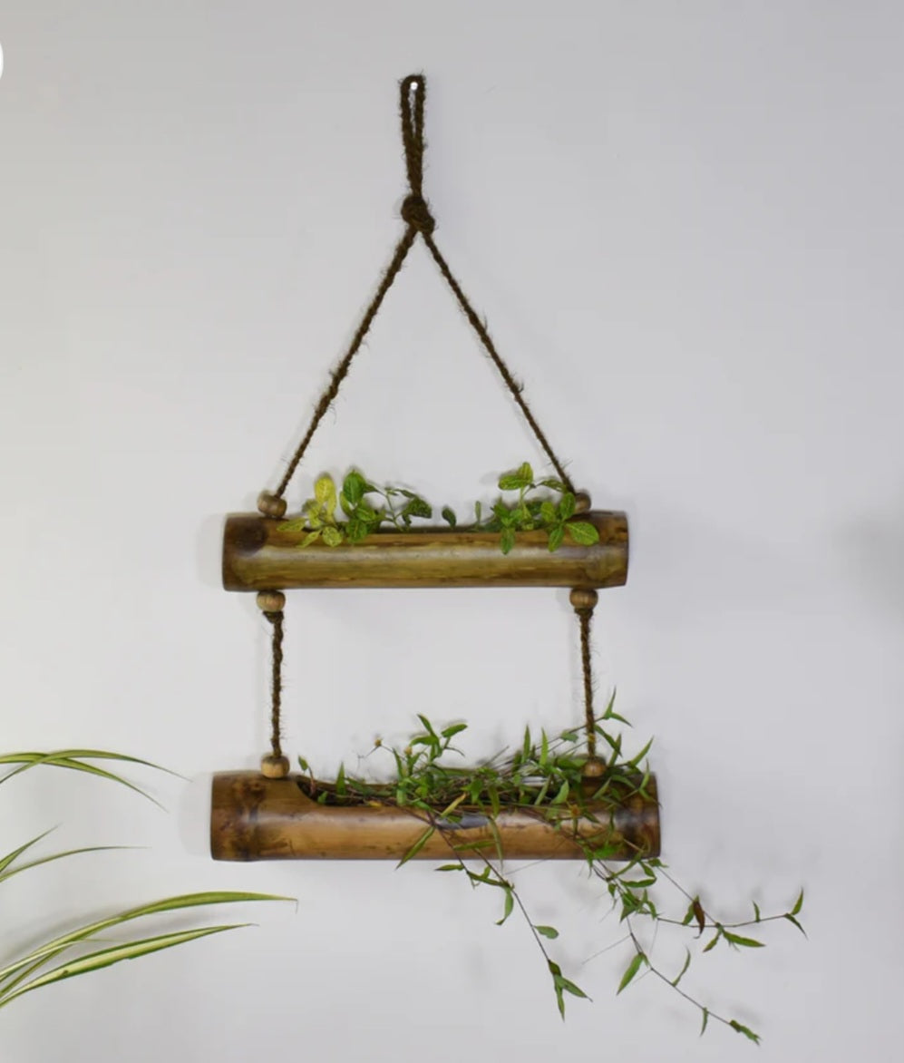 Bamboo grow 2 layered Hanging planter with rope