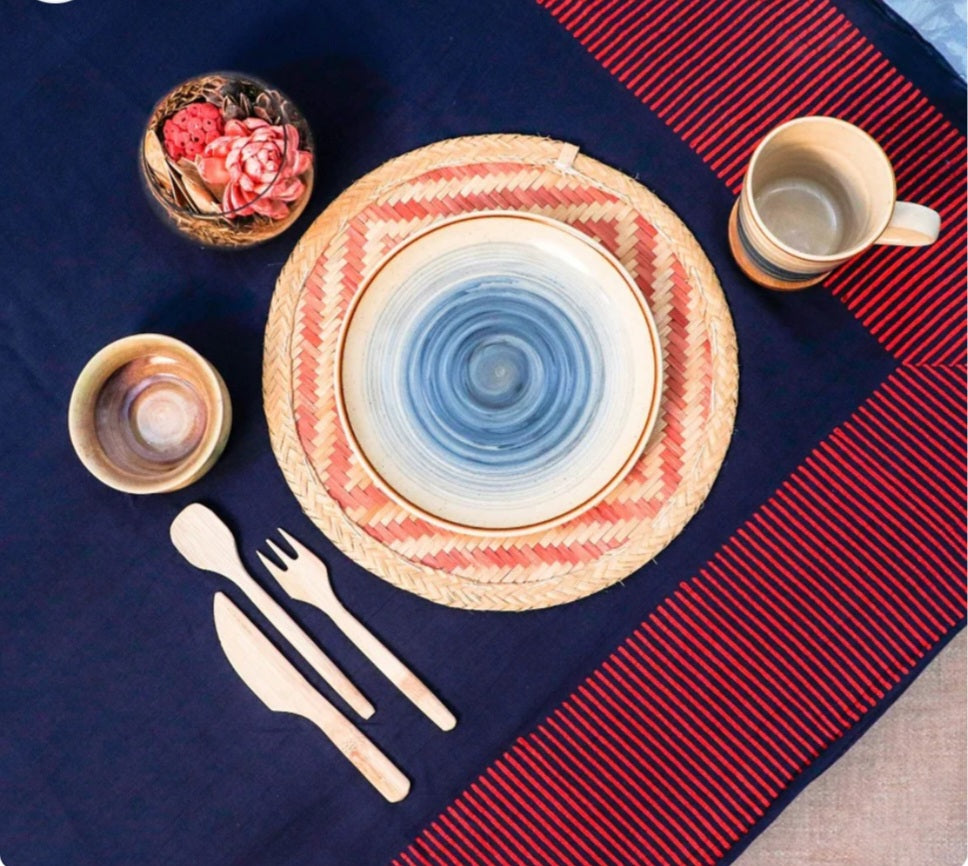 Round Bamboo table placement set of 4. Red & Black cheque colored