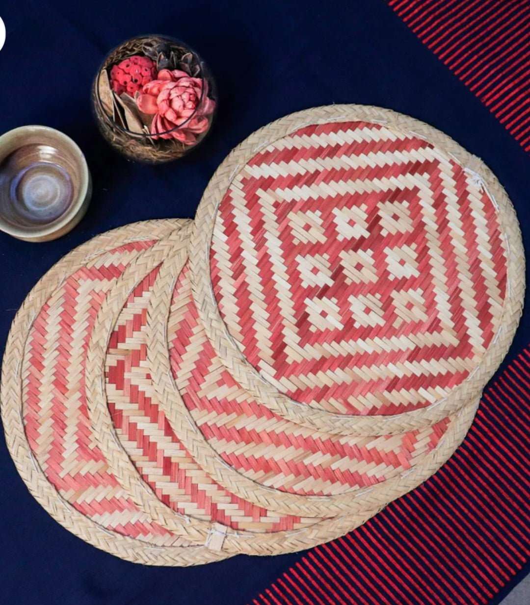 Round Bamboo table placement set of 4. Red & Black cheque colored